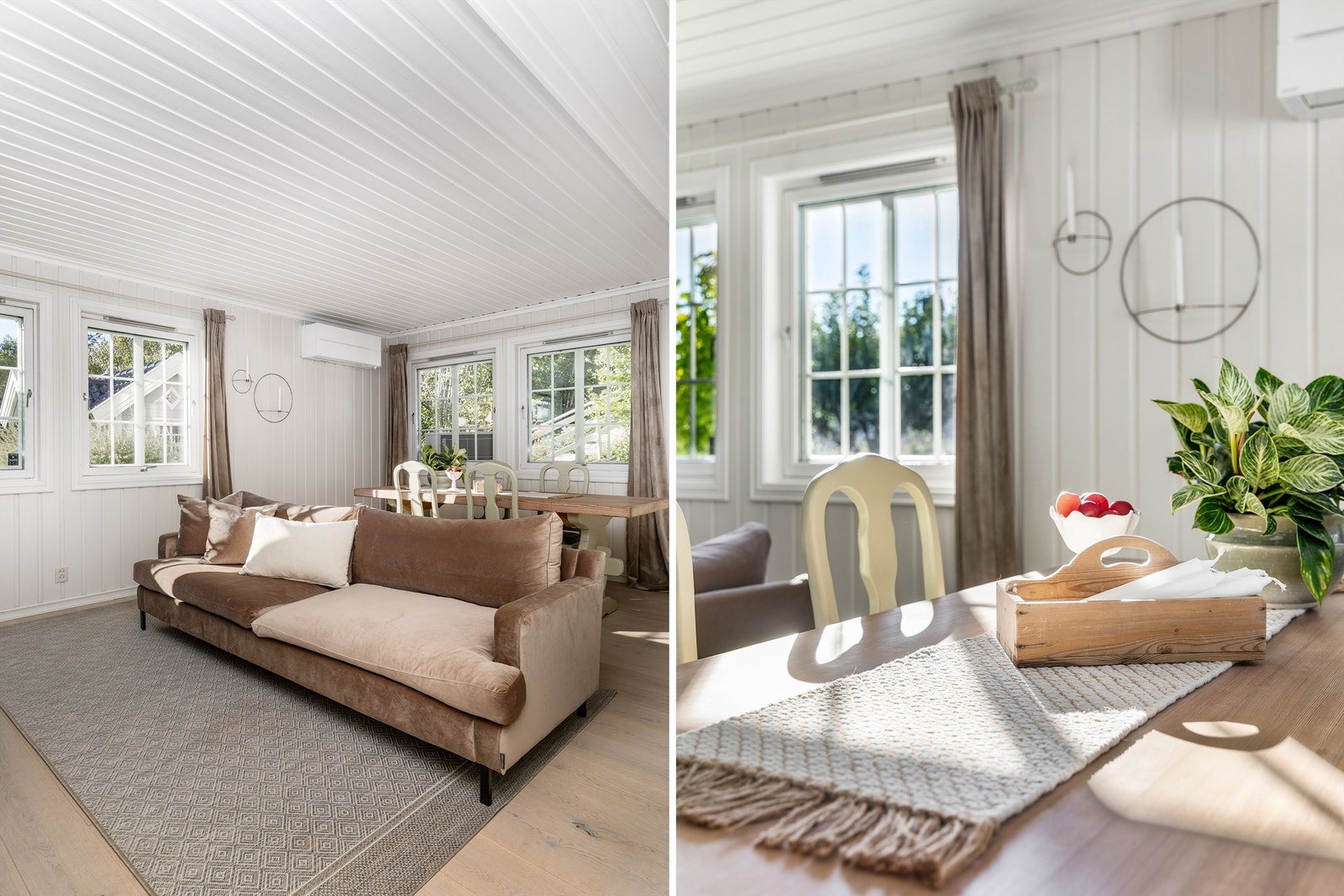 Underetasjens stue ble i 2017 pusset opp med både varmefolie og én-stavs eikeparkett. Varmepumpe ble installert i 2022. Galleribilde