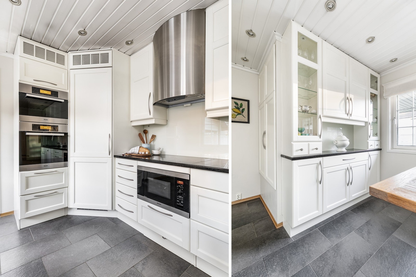 Integrerte hvitevarer, hovedsakelig fra Miele, inkluderer stekeovn, dampovn og romslig kjølehjørne. Oppvaskmaskin er fra 2019, blandebatteri fra 2022. Galleribilde