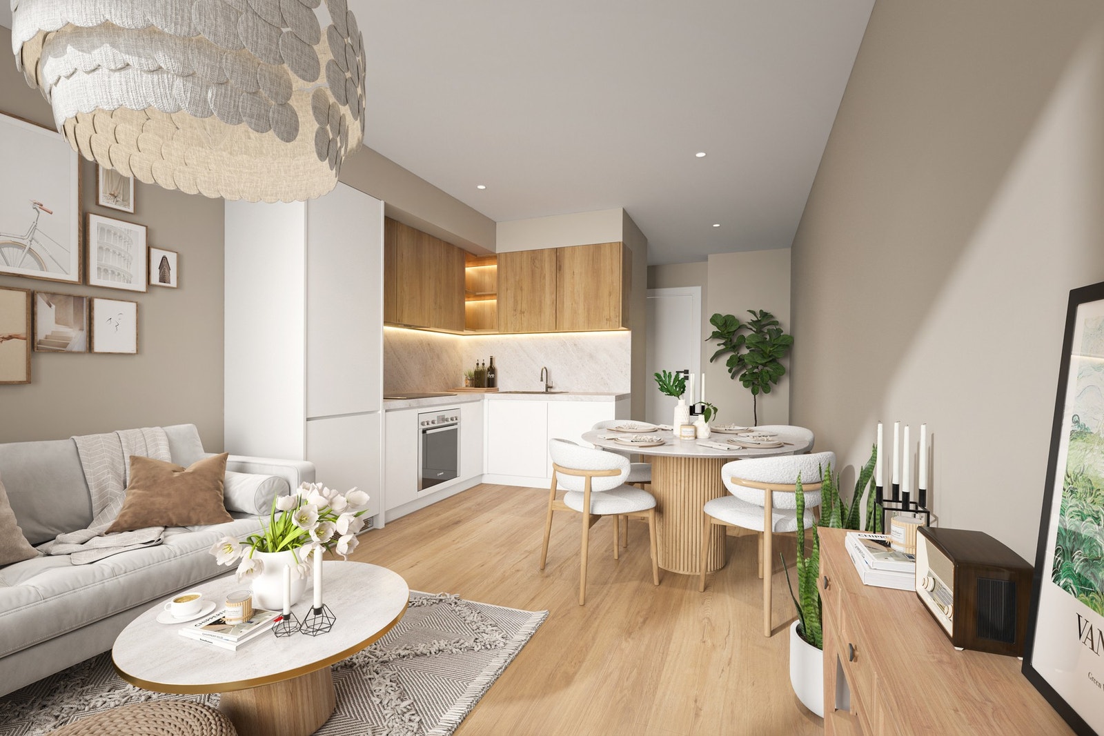 Boligen er digitalt møblert for å illustrere potensialet ved en oppussing og hvordan rommet kan utnyttes på en effektiv måte. Galleribilde