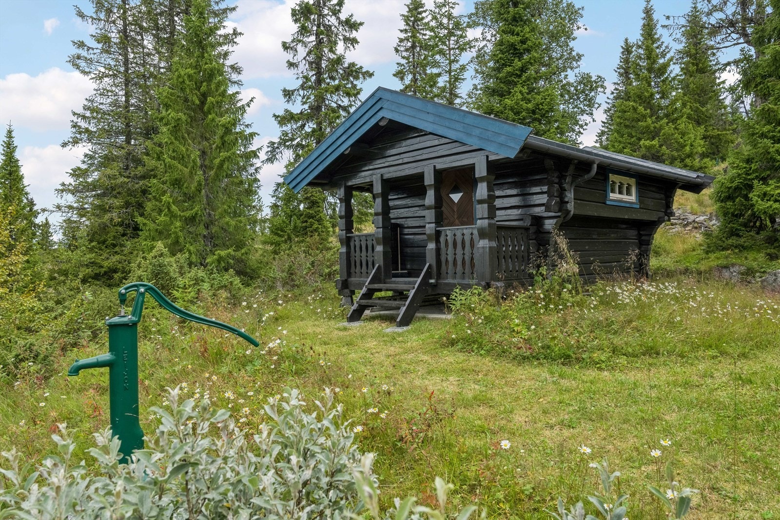 Bebyggelsen som ligger usjenert til, består av koselig laftet hytte og uthus/stabbur. Galleribilde