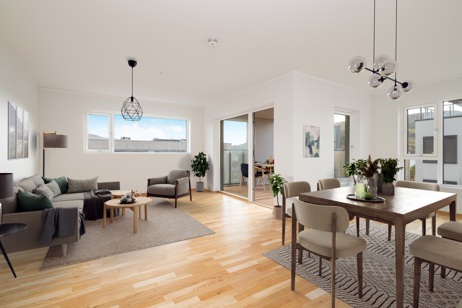 Leiligheten har en lys og delikat stue med åpen kjøkkenløsning og store vindusflater, noe som gir en luftig romfølelse. (Digital møblering, kun en illustrasjon) Galleribilde