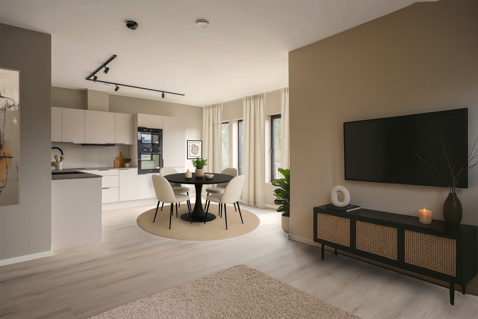 En stilfull og flott stue med åpen romløsning til kjøkkenet. God plass til flere sittegrupper og det er totalt ca. 34 kvm. Det er 1-stavs laminatgulv fra Berry Alloc med gulvvarme, slette vegger malt i delikat farge og listefritt. Galleribilde