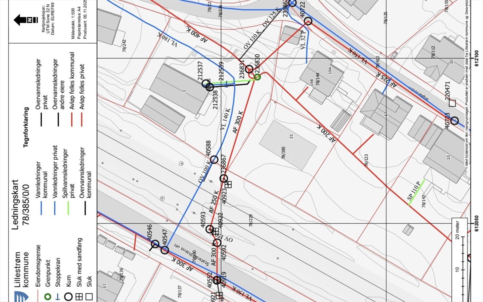 Ledningskart. Eiendommen er ikke tilknyttet offentlig vann og avløp. Rammetillatelsen innebærer tillatelse til å koble seg på offentlig ledningsnett med private stikkledninger. Galleribilde