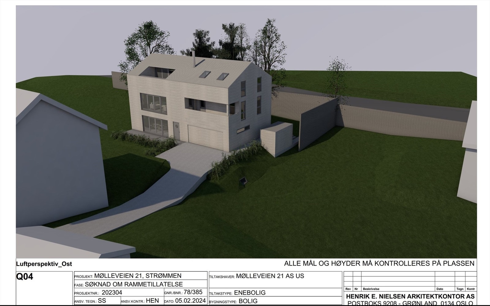 Eiendommen har rammetillatelse til å oppføre en enebolig med hybeldel, dobbel garasje, og støyskjerm. Galleribilde
