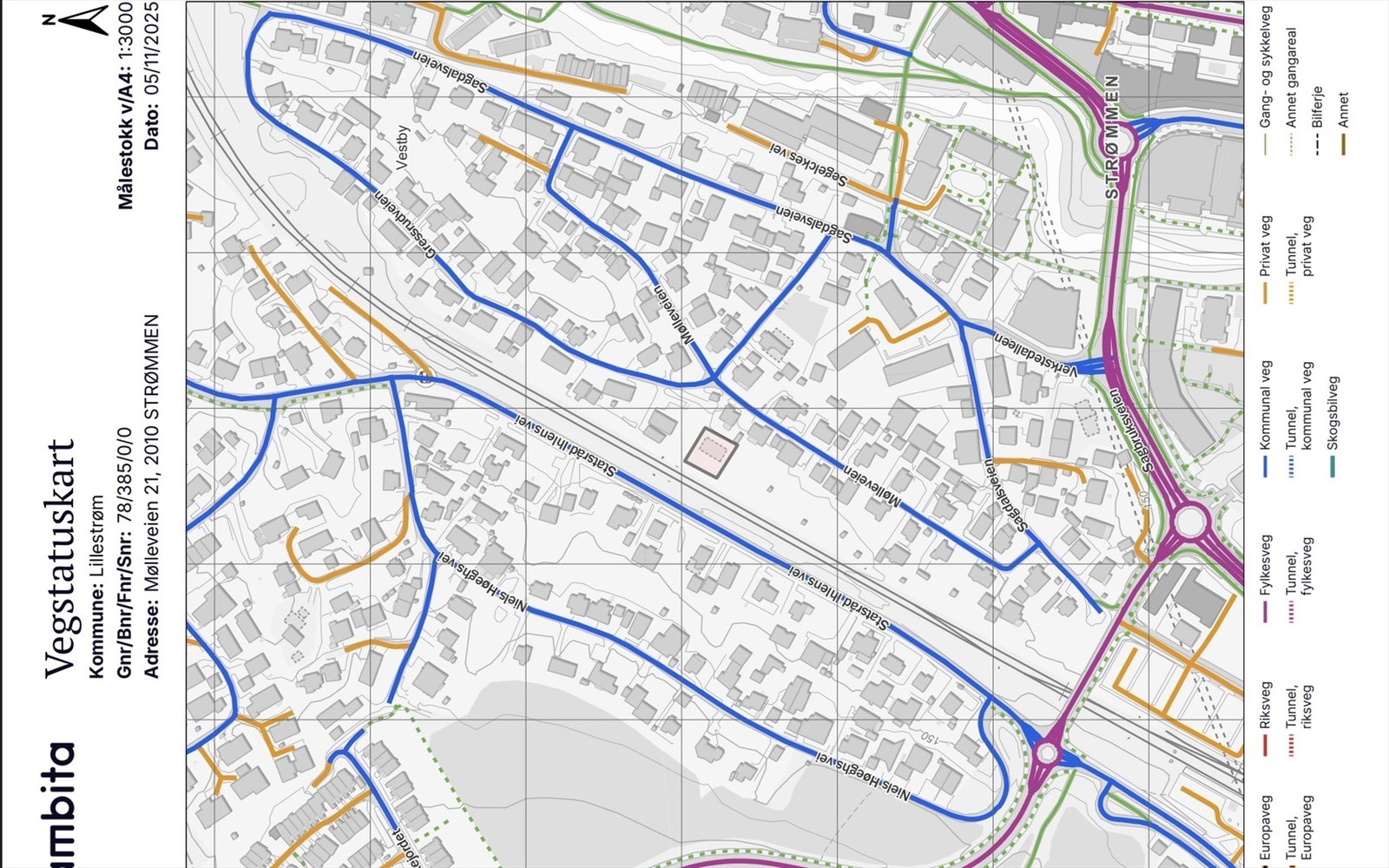 Vegstatuskart. Eiendommen er tilknyttet kommunal veg. Galleribilde