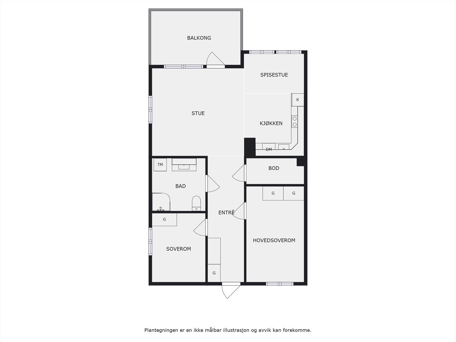Plantegning. I tillegg disponerer leiligheten en egen bod på ca. 5m² i felles uthus, samt en parkeringsplass med elbil-lader i felles carport-anlegg. Galleribilde