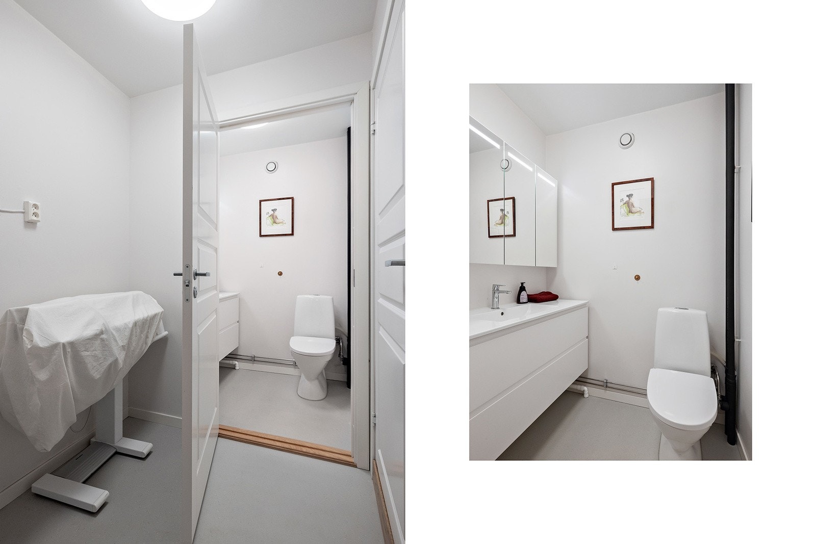 Toalettrom er bestående av servant med skuffeseksjon, speilskap med overlys og gulvmontert klosett Galleribilde