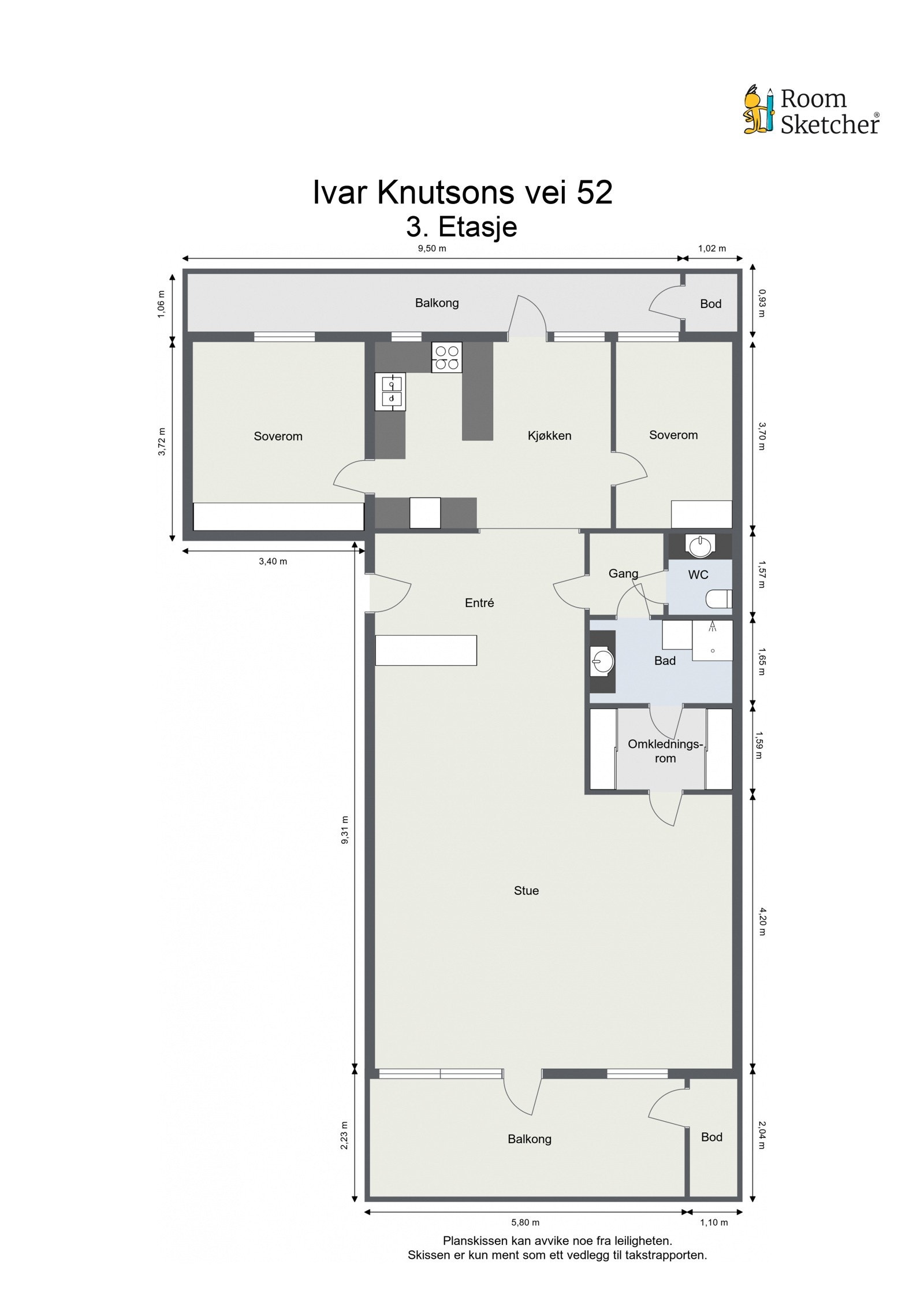Leiligheten er opprinnelig en 4-roms leilighet med 3 soverom. Lettvegg inn mot soverom i stue er fjernet for å få større stue. Opprinnelig kott er benyttet som omkledningsrom og dør mot stue er blendet igjen. Galleribilde