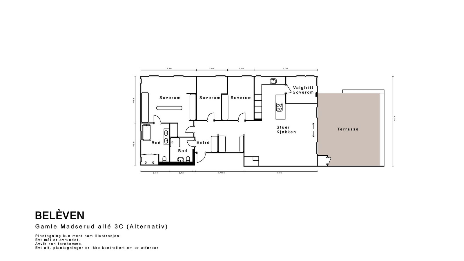 Alternativ plantegning med inntegnet soverom 4. Galleribilde