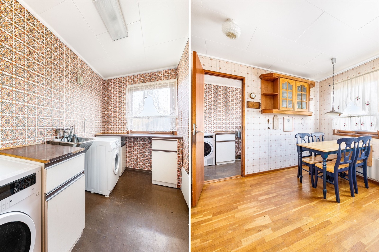 Vaskerommet innenfor kjøkkenet er også tilgjengelig rett fra entreen. Rommet er fra byggeåret og i helhet gitt TG 3. Renovering må påregnes. Galleribilde