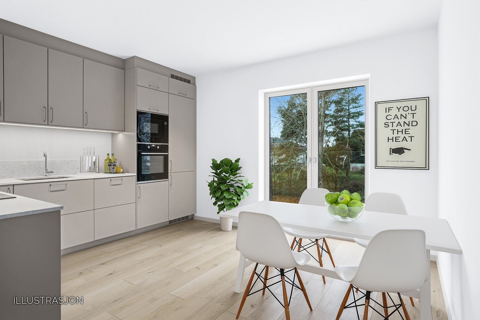 Kjøkkenet er i lekker utførelse med kompositt benkeplate, slette overflater og med integrerte hvitevarer. Det store vinduet slipper inn godt med naturlig lys som gir rommet en fin atmosfære. Galleribilde