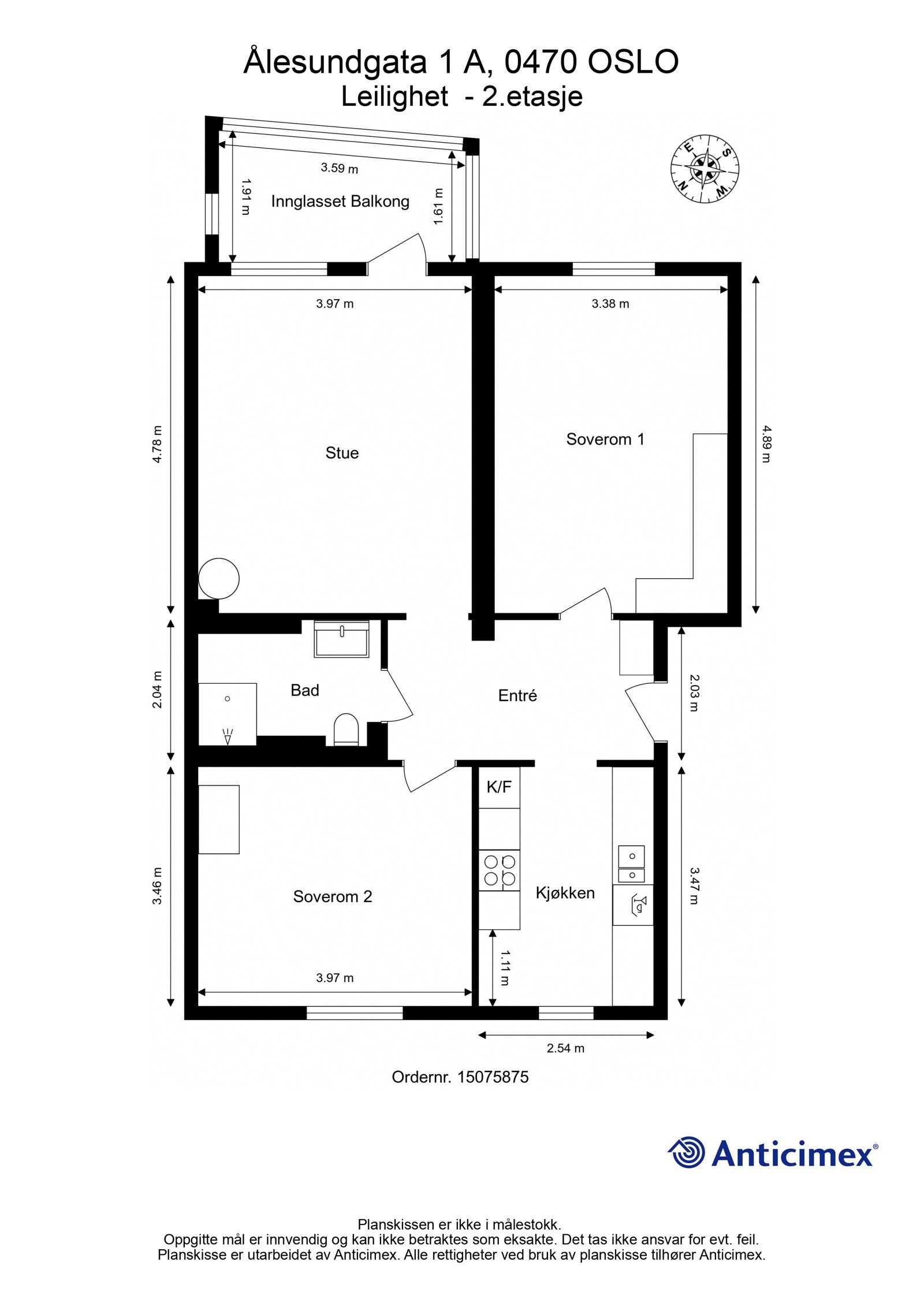 Plantegning 2. etasje. I tillegg disponerer leiligheten 2 kjellerboder på ca. 6m² og ca. 2m², samt en loftsbod med gulvareal på ca. 8m². Galleribilde