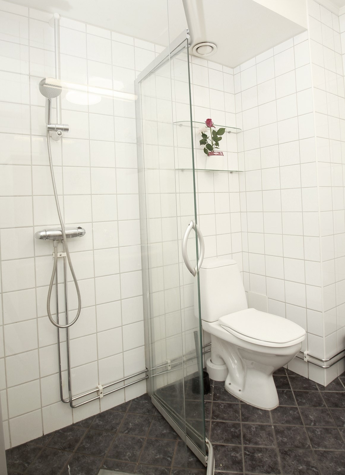 Badet har innredning med nedfelt servant, gulvstående toalett, dusjvegger/hjørne og opplegg for vaskemaskin. Galleribilde