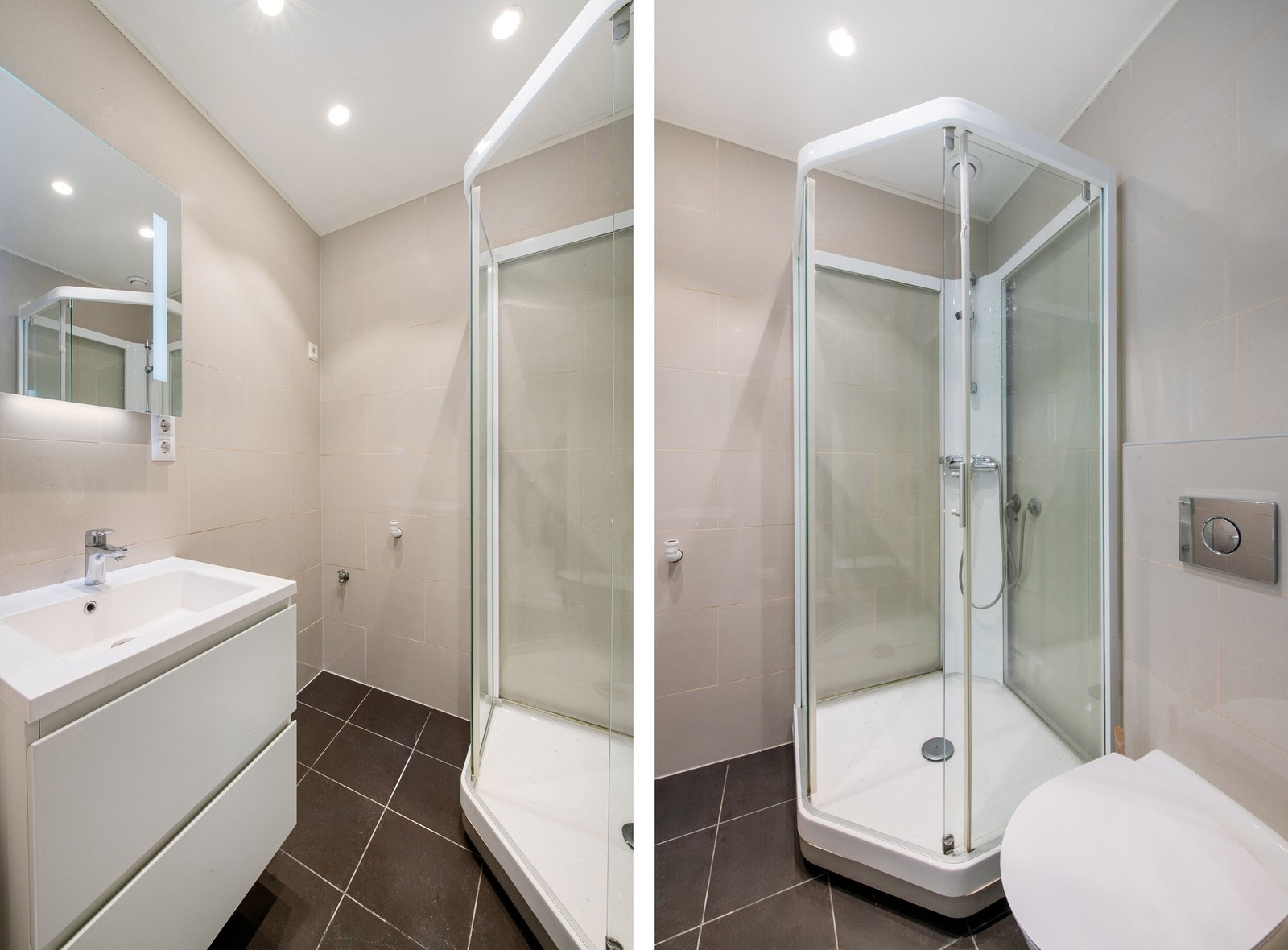 Bad 2. etasje er flislagt og innredet med servant, dusjkabinett og vegghengt toalett. Opplegg for vaskemaskin. Galleribilde