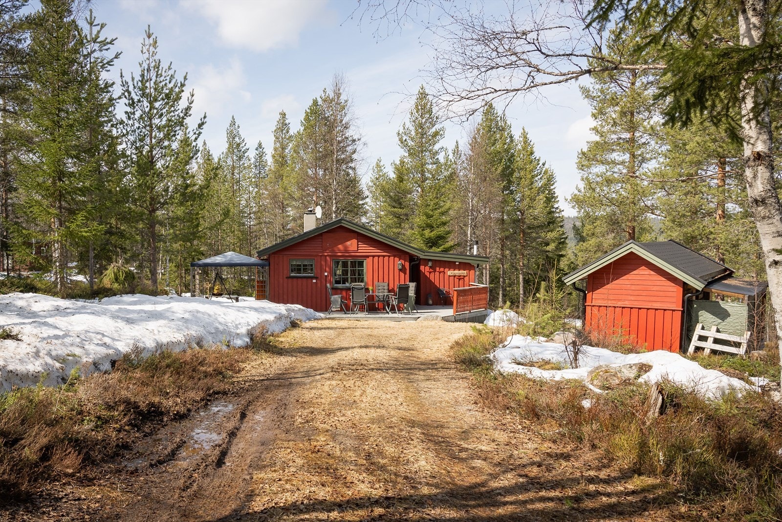 Eiendommen består av hytta, samt uthus/bod. Det er innlagt strøm og hytta har vannpost like ved. Galleribilde