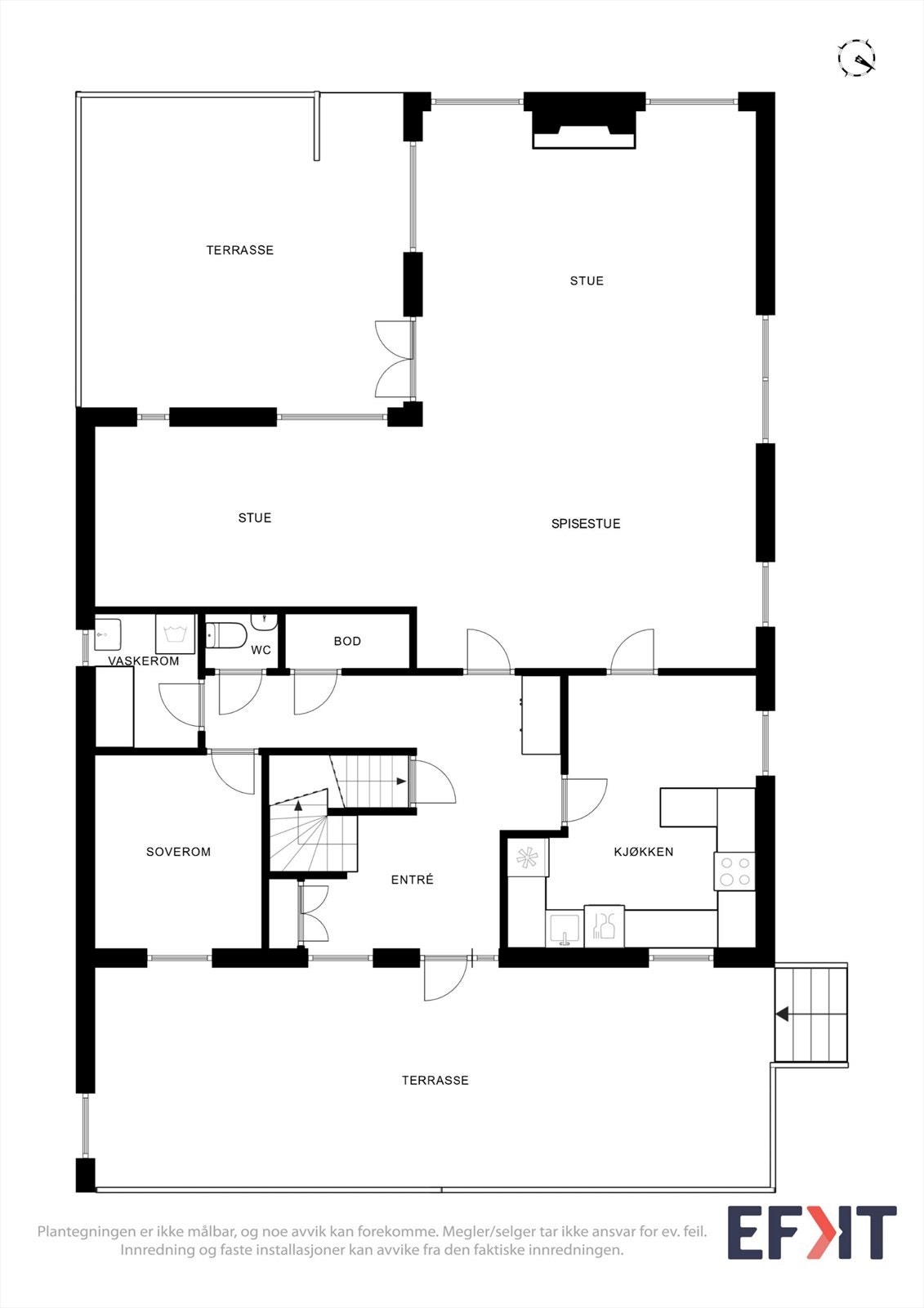 Plantegningen for første etasje viser en praktisk planløsning med stue, kjøkken, soverom, vaskerom og entré. Galleribilde