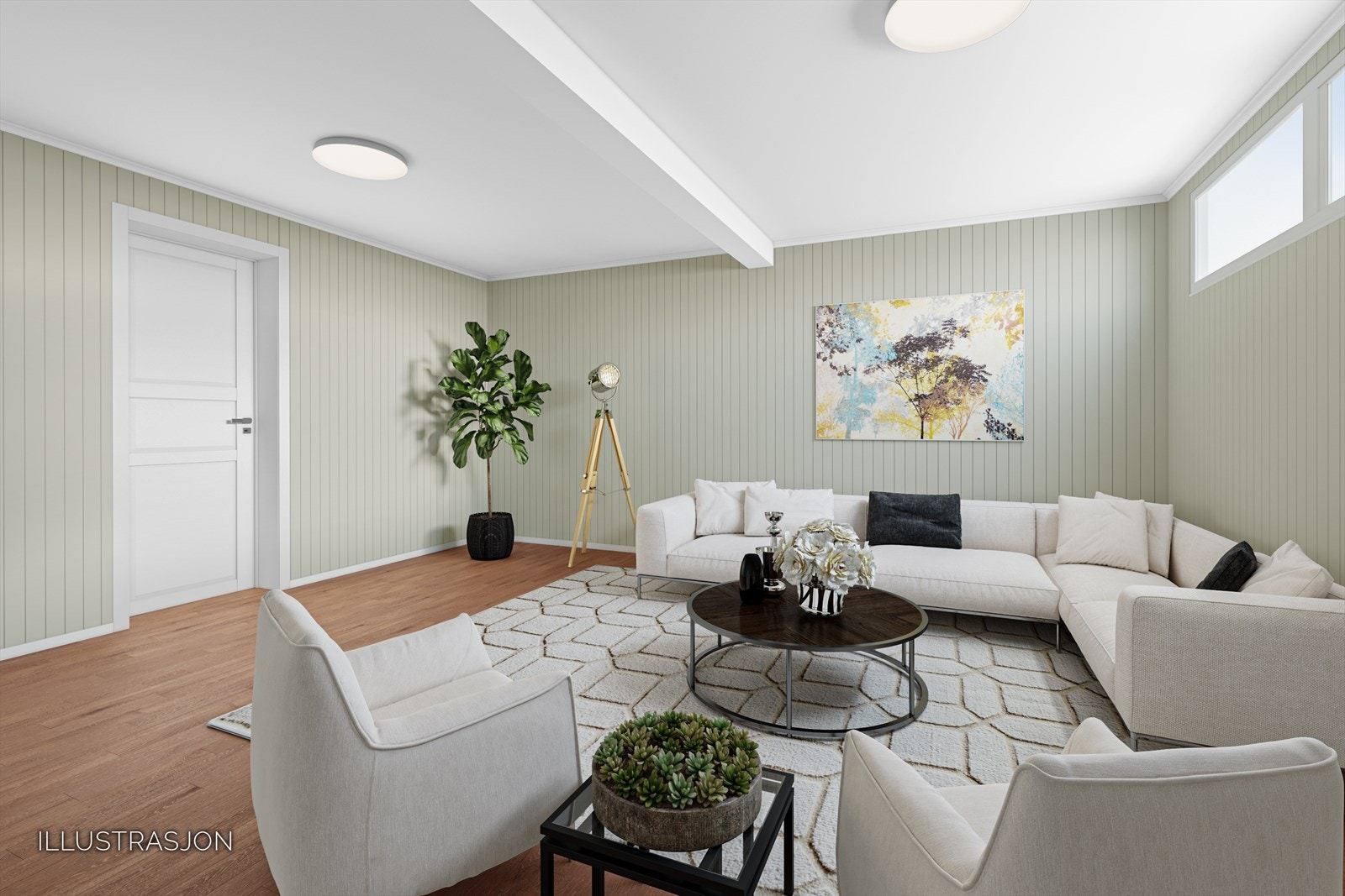 Stor og pent rom i kjeller som er innredet som kjellerstue - God takhøyde og mulighet for flere møbleringsalternativer. Rommet er ikke omsøkt/godkjent Galleribilde