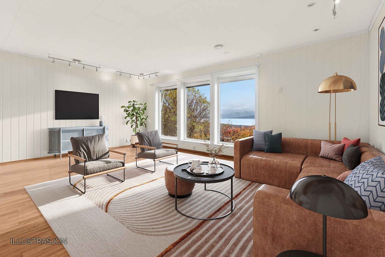 Stor og romslig stue med god utsikt til fjell, hav og en privat, skjermet hage Galleribilde