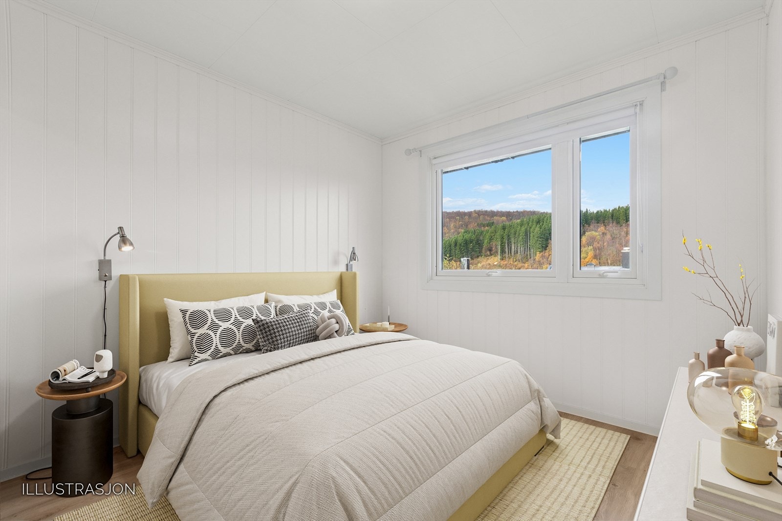 Stort hovedsoverom malt i lyse og pene farger. Her er det utsikt mot Hunstadtoppen og en stor skyvedørsgarderobe Galleribilde