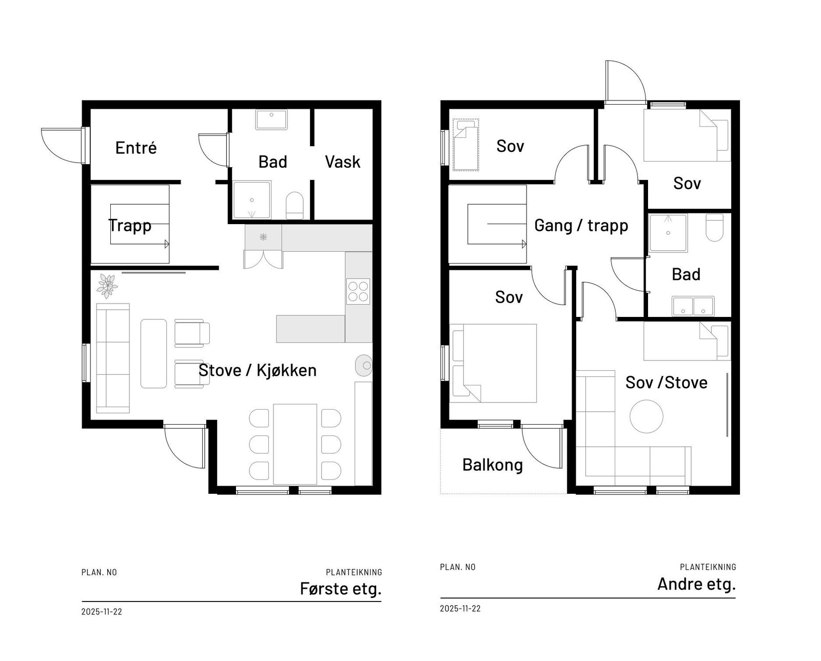 Planteikning av bustaden over to etasjar. Første etasje inneheld entré, bad, vaskerom og ei open løysing med stove og kjøkken. Andre etasje består av tre soverom, eit ekstra rom som kan nyttast som stove eller soverom, bad og balkong samt utgang. Galleribilde