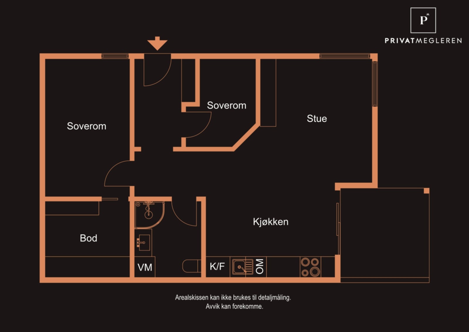 Plantegning: Vindfang, gang, 2 soverom, bad/vaskerom, stue/kjøkken og bod. Galleribilde