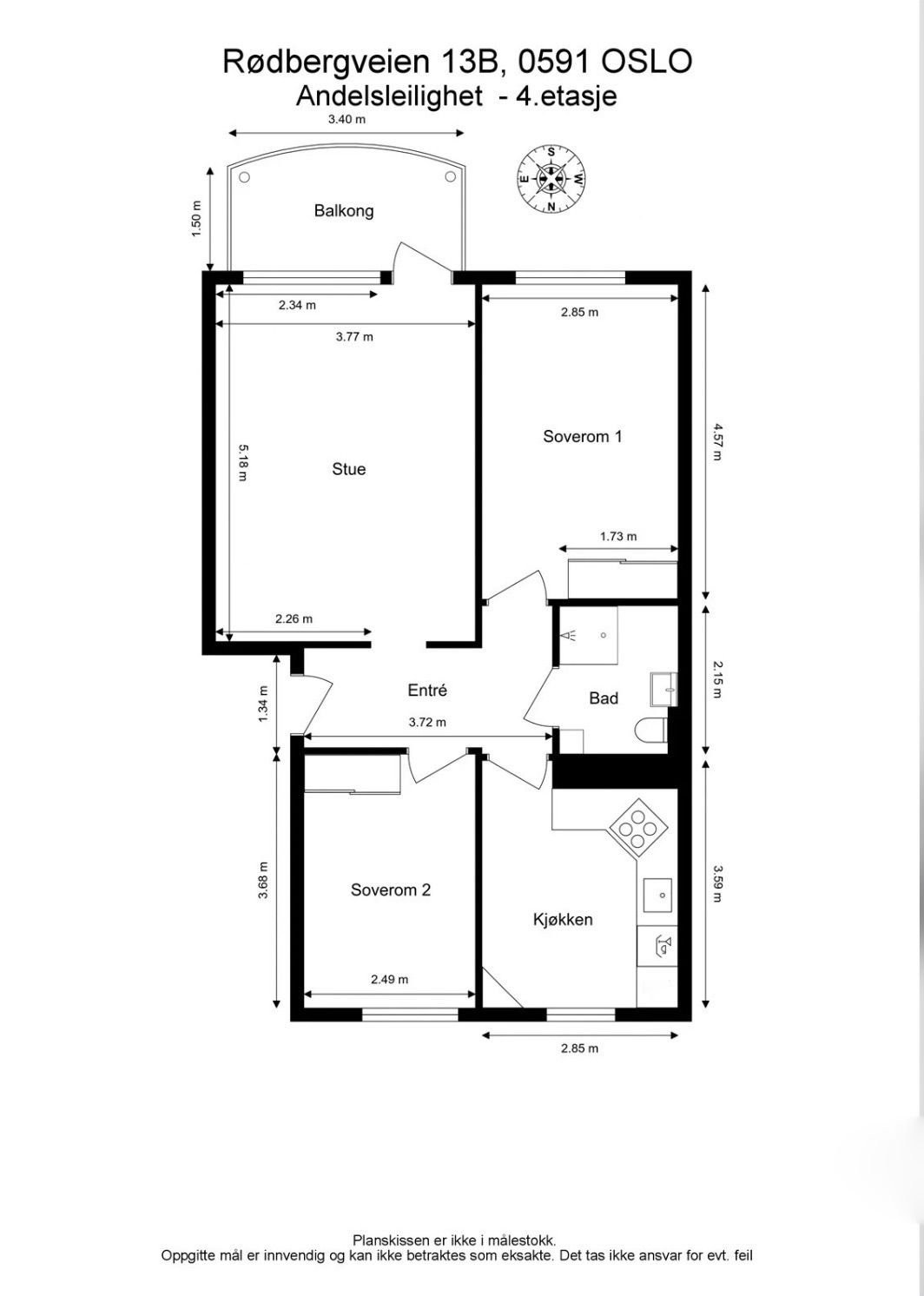 Plantegning - i tillegg disponerer leiligheten kjeller- og loftsbod med 4kvm målbart gulvareal. Galleribilde