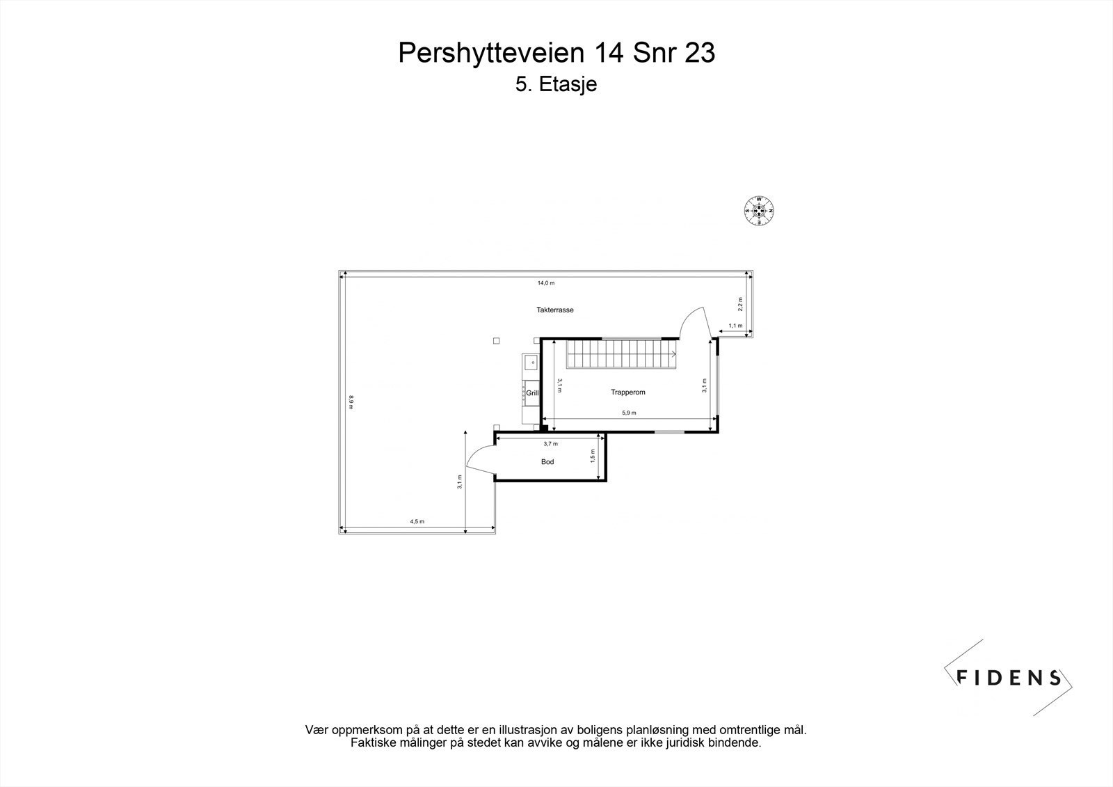 Plantegningen for 5. etasje viser trapperom, bod og en svært romslig takterrasse. Galleribilde