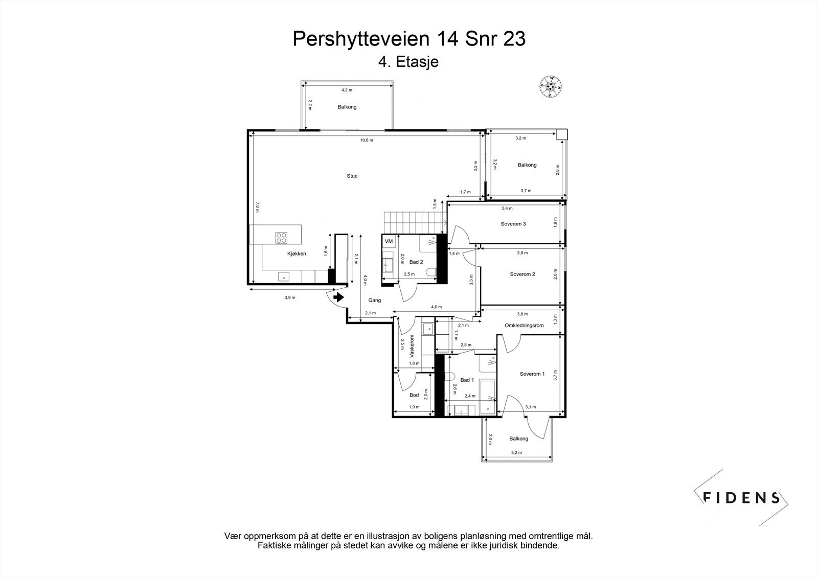 Plantegningen for 4. etasje viser en romslig stue, tre soverom og to bad. Galleribilde