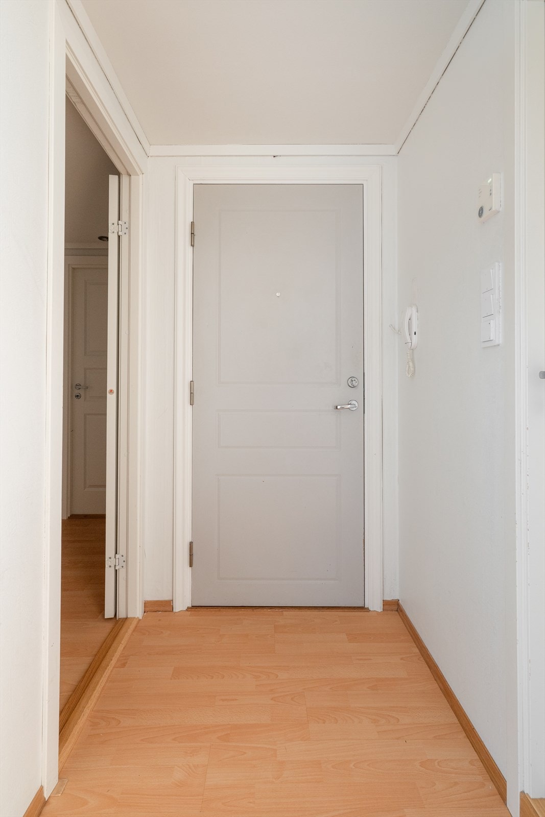 Med adkomst fra felles trappegang kommer man i en lys entrè via brann- og lydklassifisert entrédør. Det er montert dørtelefon ved inngangsdøren for enkelt å kunne slippe besøkende inn. Galleribilde