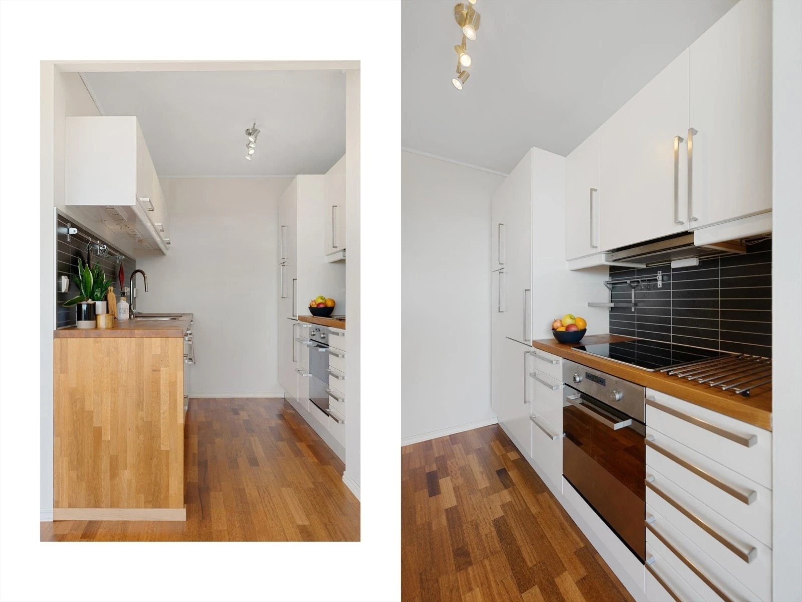 Kjøkken med benkeplate i tre og integrerte hvitevarer.