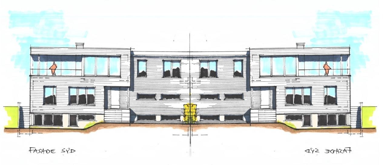 Forslag til bygnign tegnet av Skaara arkitekter for aktuell tomt. Resterende tegningsunderlag kan oversendes på forespørsel. Galleribilde