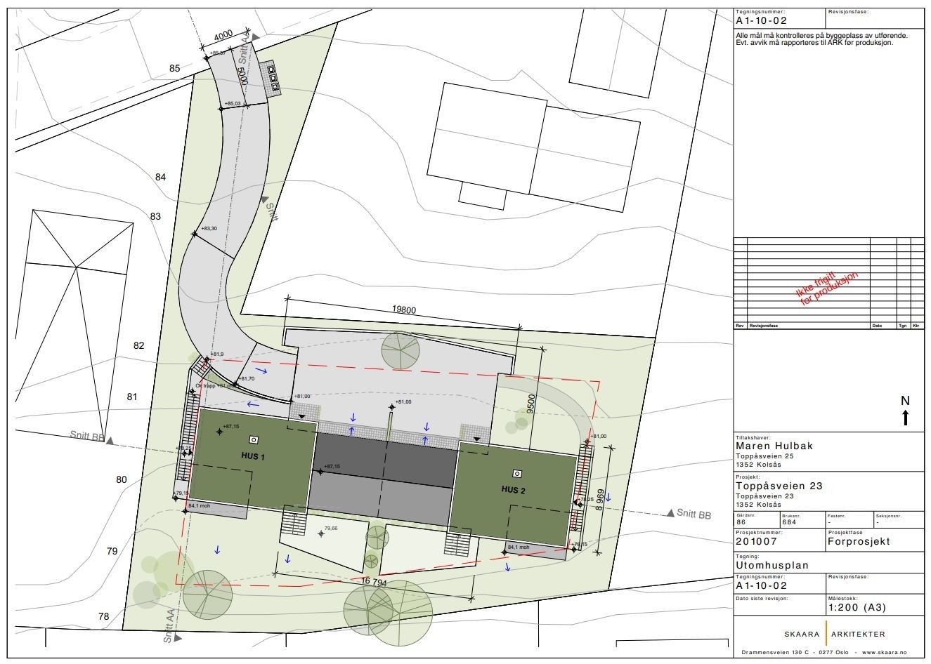 Forslag til bygnign tegnet av Skaara arkitekter for aktuell tomt. Resterende tegningsunderlag kan oversendes på forespørsel. Galleribilde