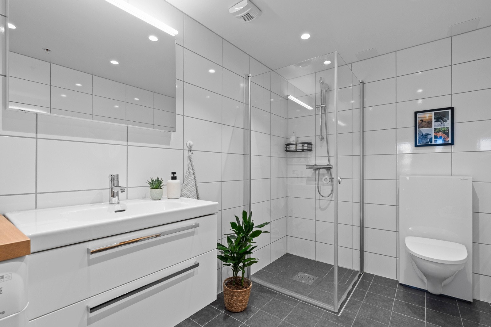 - Bad består av vegghengt toalett med utenpåliggende sisterne, vegghengt servantskap og vegghengte dusjdører i glass - Galleribilde