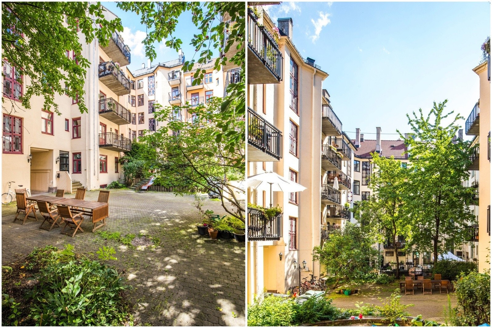 Pent opparbeidet bakgård diverse beplantning, brosteinsbelagte arealer, sittegrupper, lekeapparater samt sykkelparkering Galleribilde