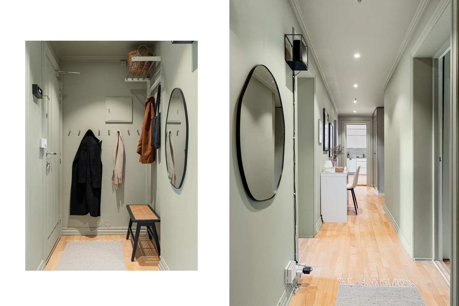 Lyse pene gulv samt malte slette vegg- og takflater med innfelte downlights. Dørcallinganlegg med porttelefon. Galleribilde