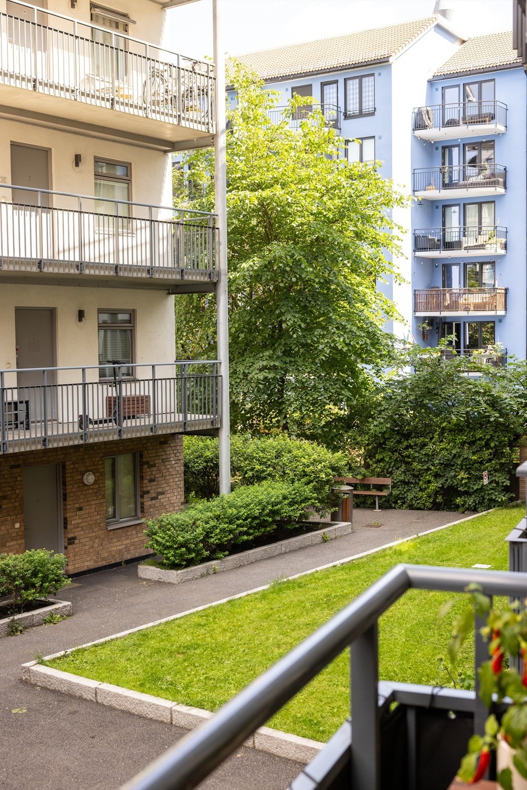 Balkongen vender mot frodig bakgård. Galleribilde