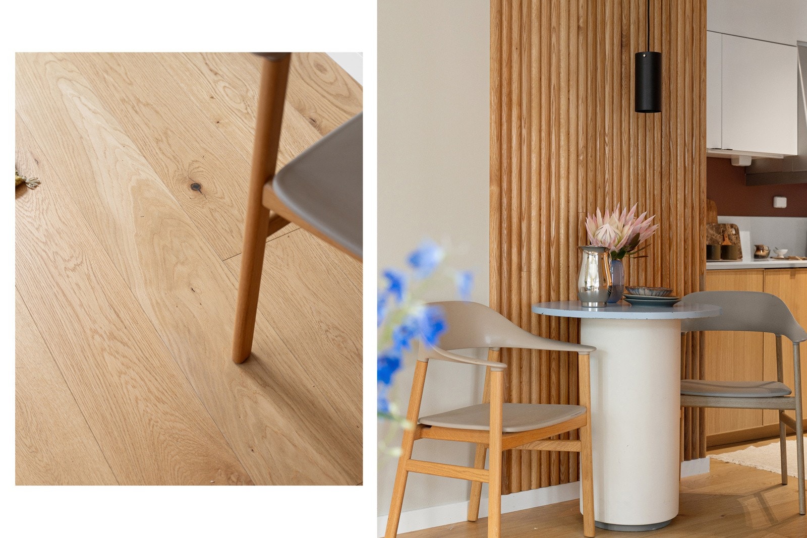 En-stavs parkett i gulv og avsatt plass til spisebord, hvor du kan nyte en kopp kaffe i vakre omgivelser. Galleribilde