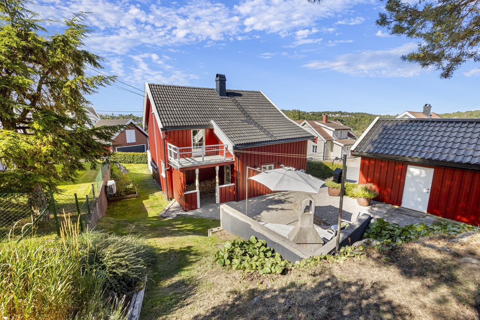 Meget velstelt og pent opparbeidet tomt. Stor bu med god plass til lagring. Flere usjenerte uteplasserrundt på eiendommen, så bare å flytte seg etter sol, vær og vind. Galleribilde