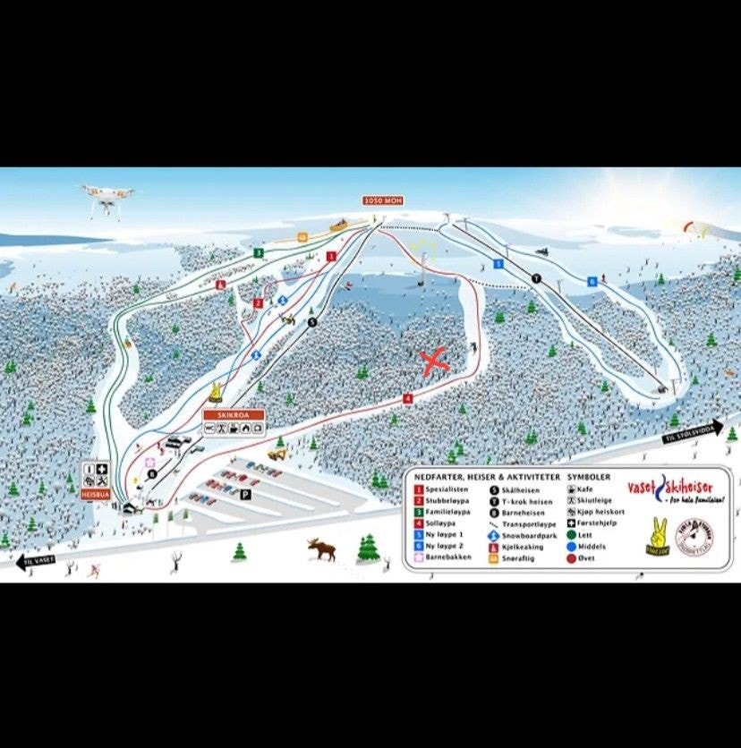 Hytta er markert med rødt kryss på kartet, og viser beliggenheten i forhold til Vaset Skisenter. Galleribilde