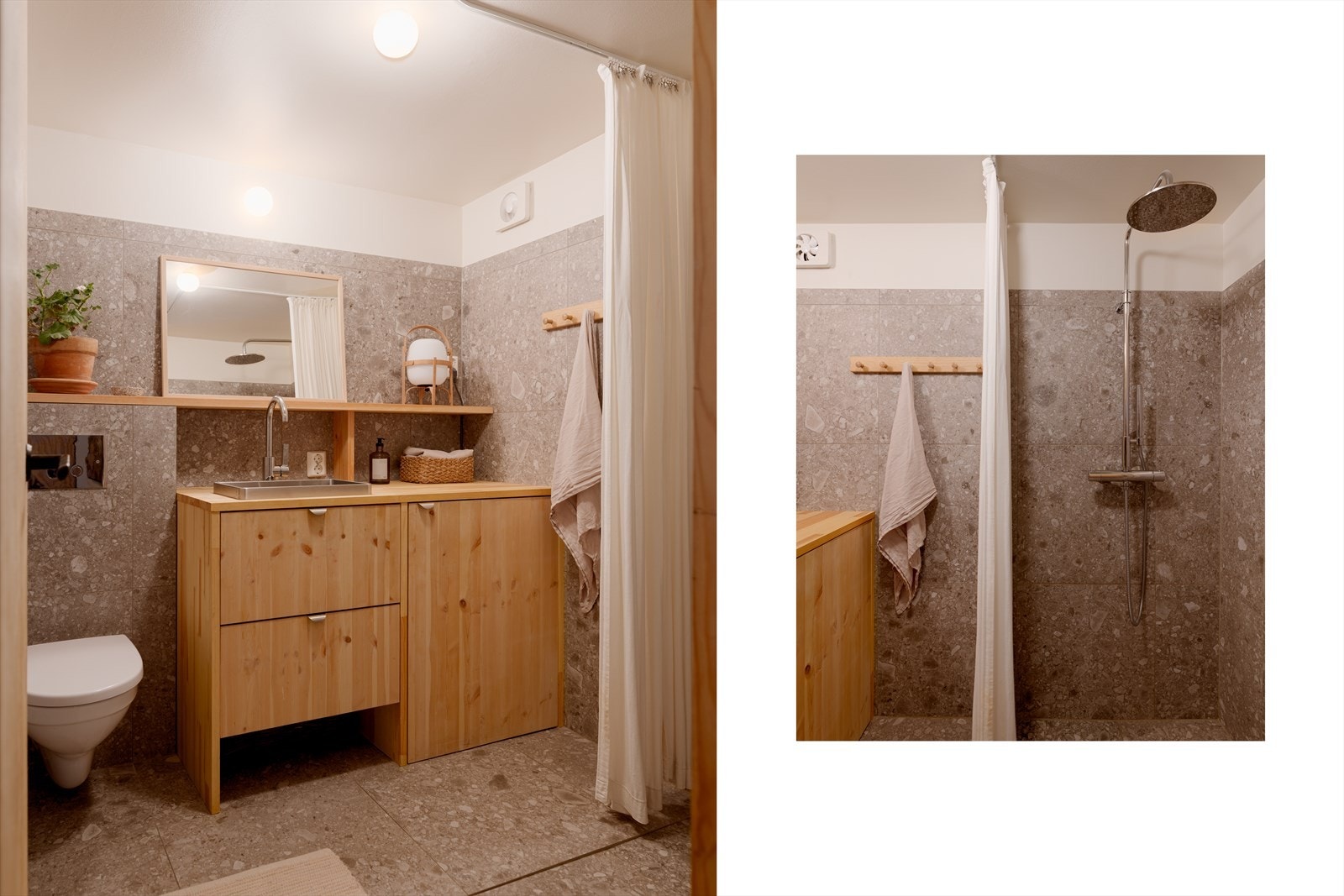 Det plassbygde møbelet i heltre furu gir en varm kontrast til flisene og skjuler vaskemaskinen elegant. Armatur, dusj og vask er fra Tapwell, kjent for eksklusivt design og høy kvalitet. Galleribilde