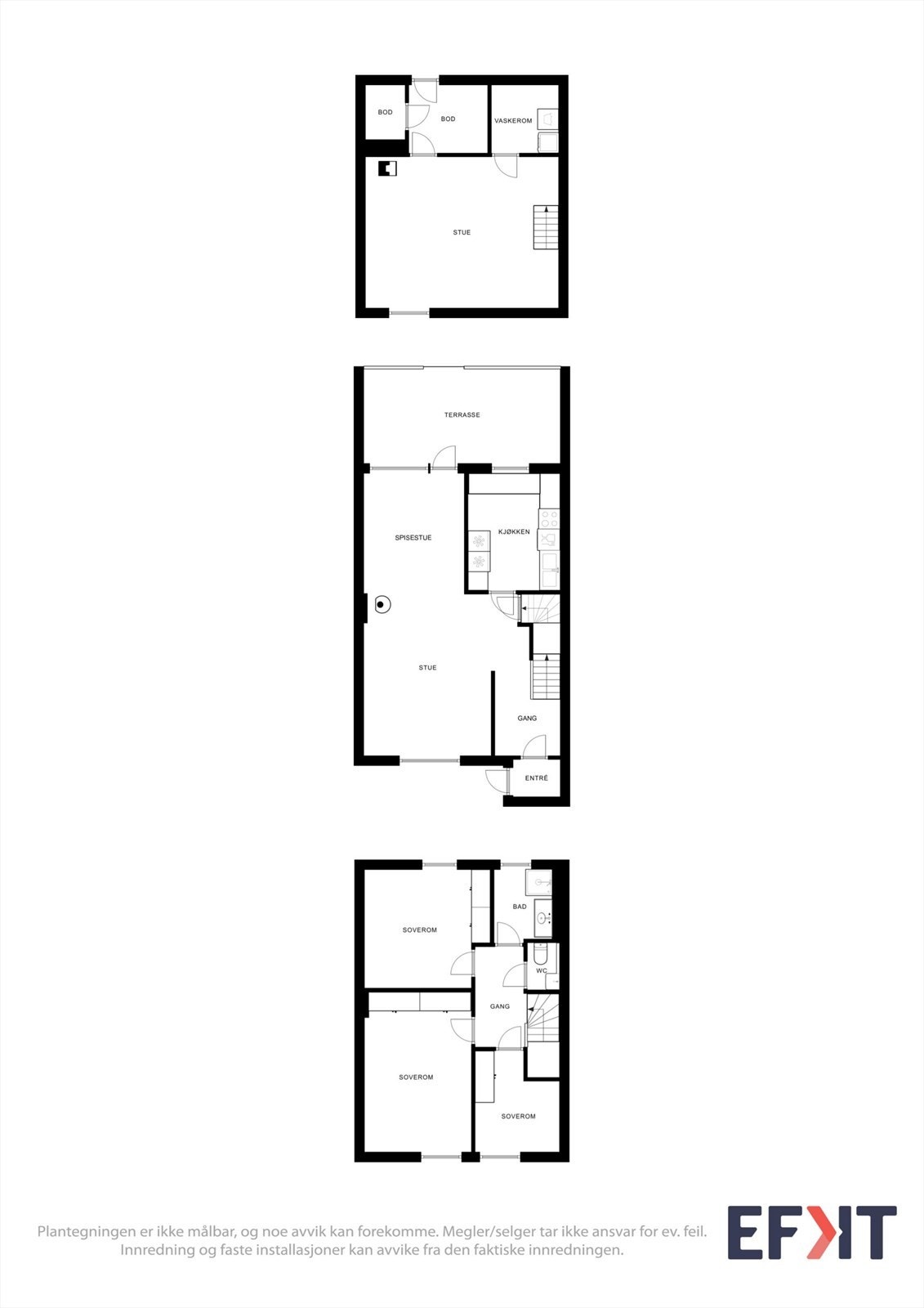 Plantegningene gir en god oversikt over boligens tre plan og romfordeling. Galleribilde