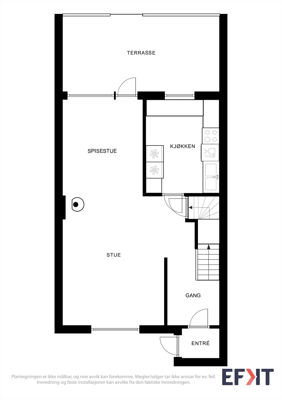 Første etasje rommer entré, stue og kjøkken, med utgang til terrassen. Galleribilde