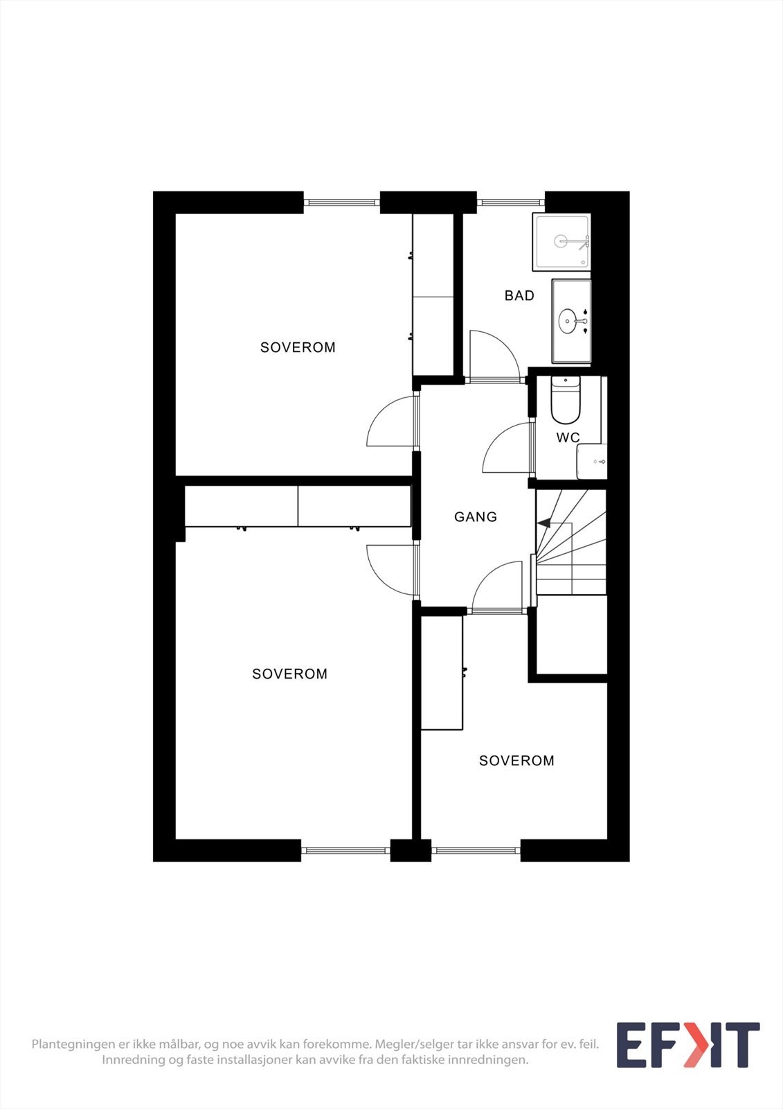 I andre etasje finner du boligens tre soverom, bad og et separat toalettrom. Galleribilde
