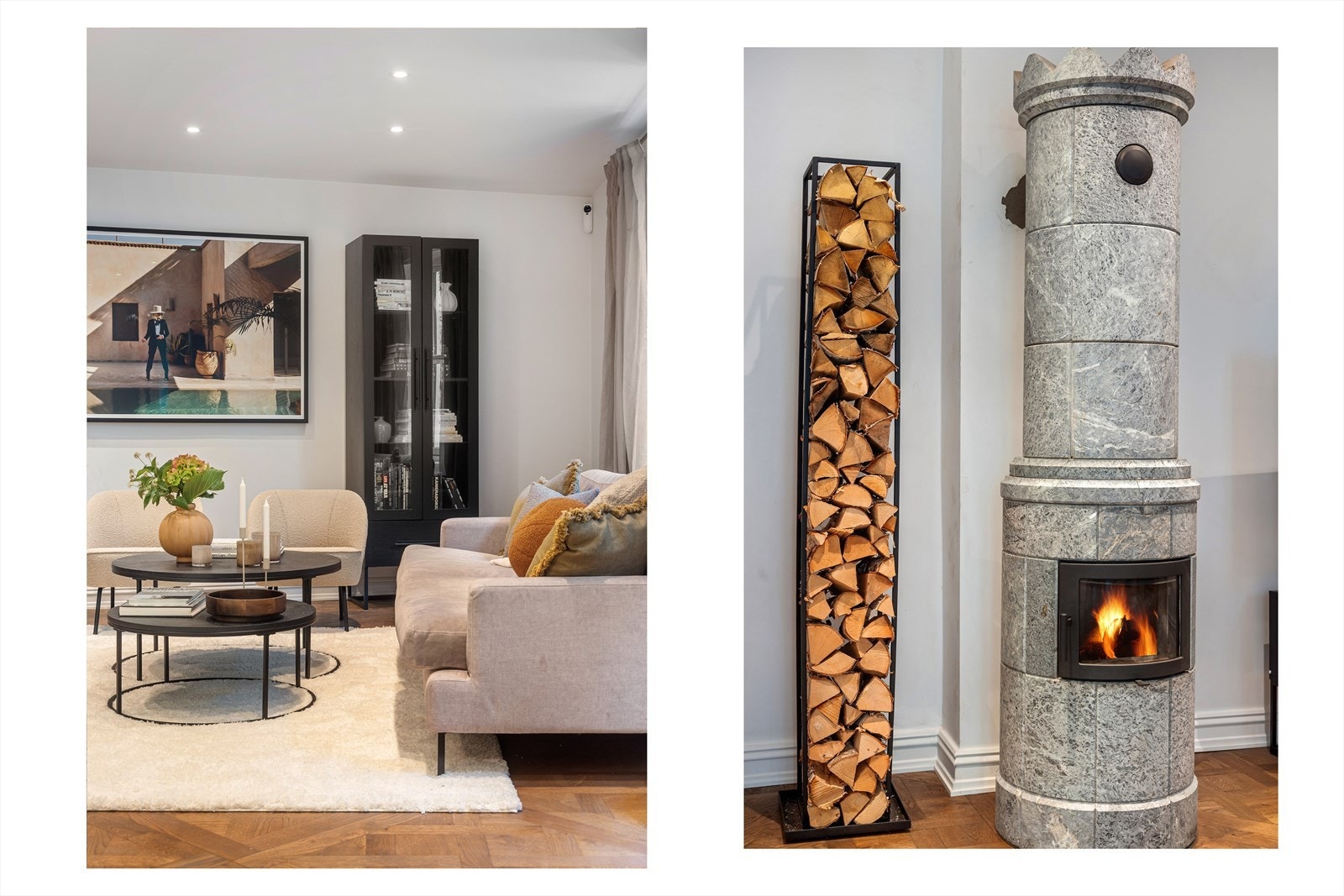 Den flotte klebersteinsovnen (2017) gir behagelig, vedvarende varme og bidrar til hyggelig stemning på kalde høst- og vinterkvelder. Murpipen er blitt rehabilitert i 2025 med ny stålinnsats Galleribilde