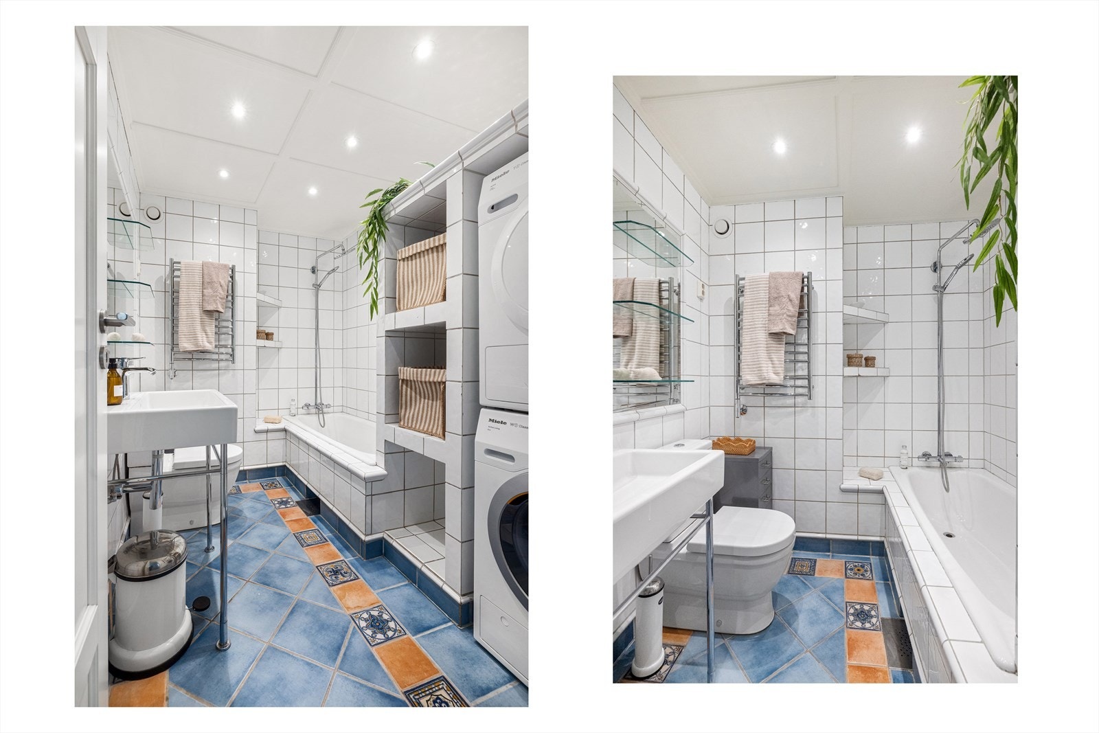 Bad fra 2005 med flislagte overflater, gulvvarme og downlights i himling. Det er opplegg for vaskemaskin. Galleribilde