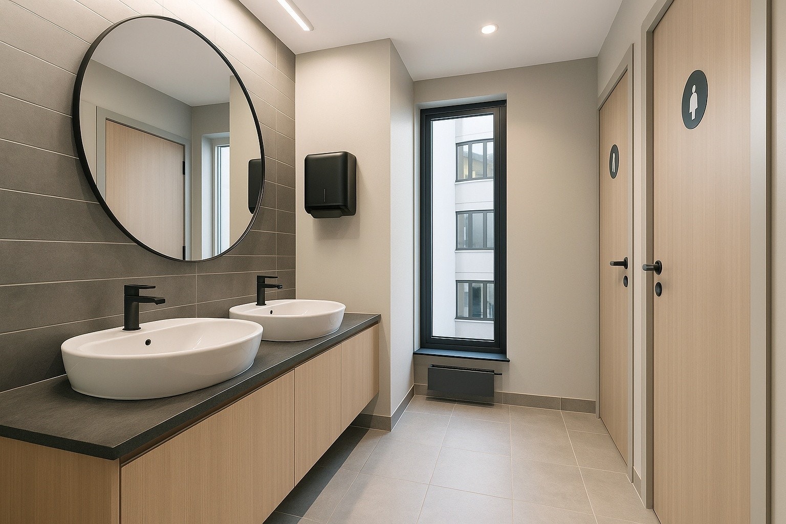 Forslag til materialvalg på badet. Bildet er AI generert. Galleribilde