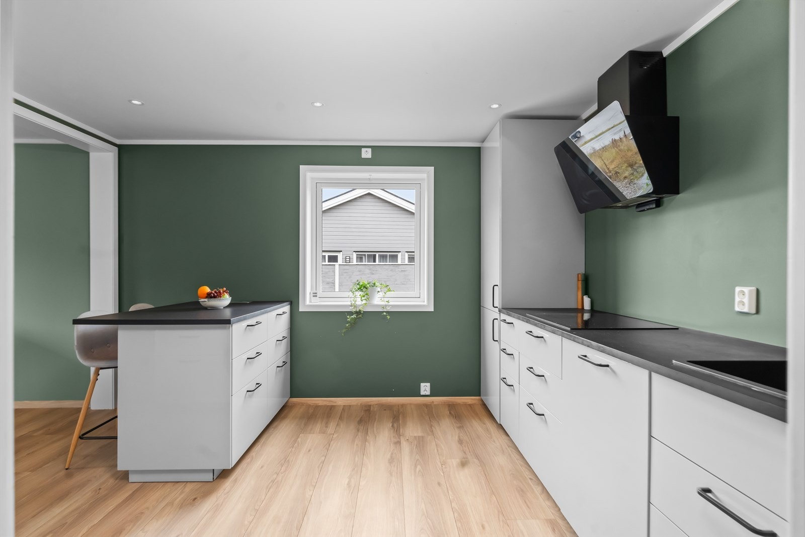 Moderne kjøkken med lysegrå fronter og grønne vegger - en tidløs kombinasjon med nydelig kontrast. Galleribilde