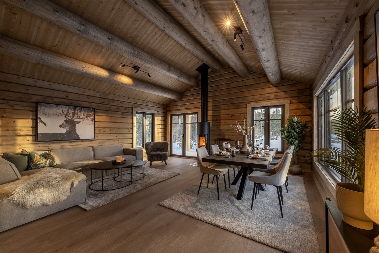 Stue med mønt himling og åpne tømmeråser Galleribilde