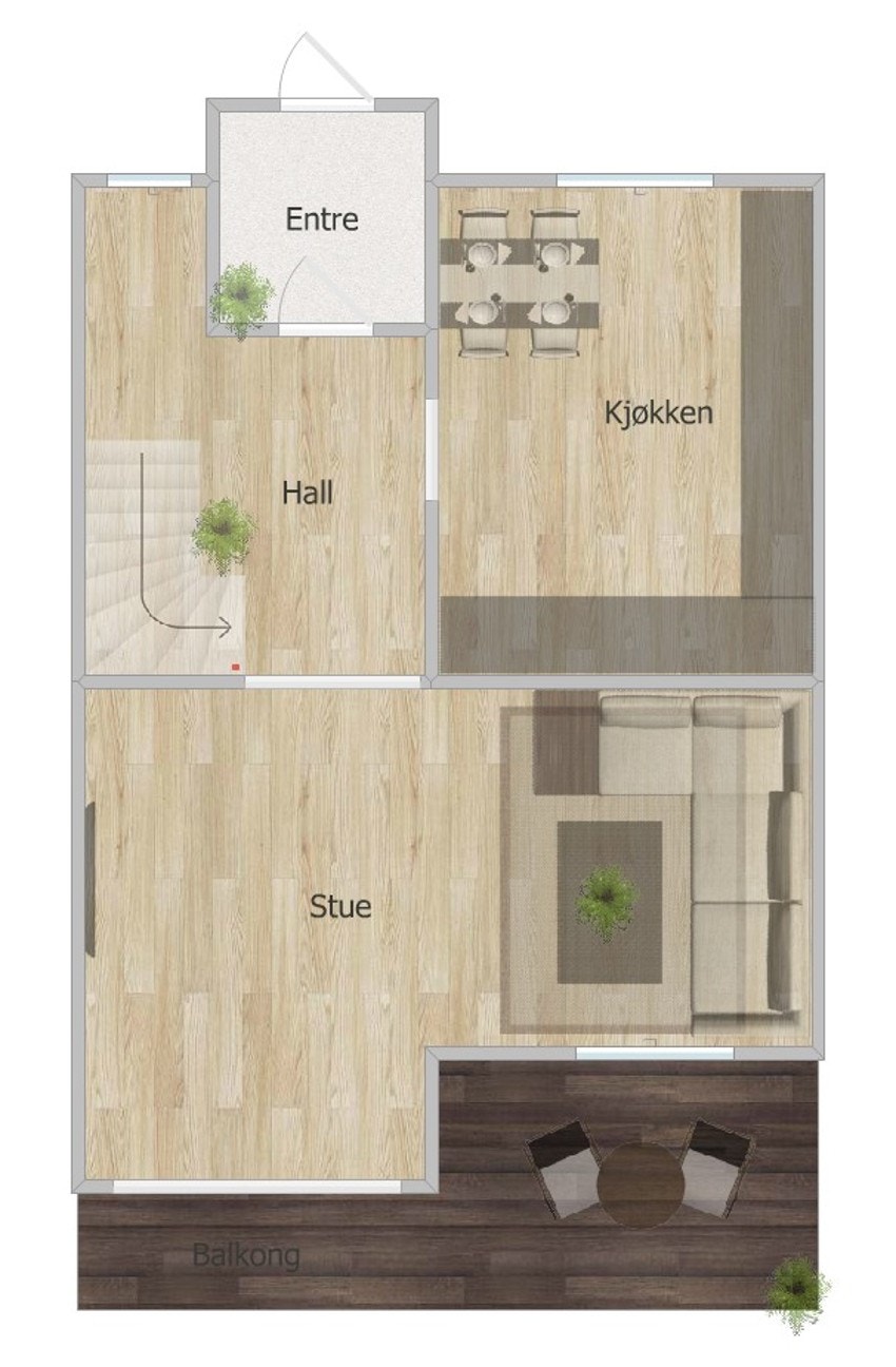 1.etg byr på: gang, trapperom, kjøkken og stue. Galleribilde