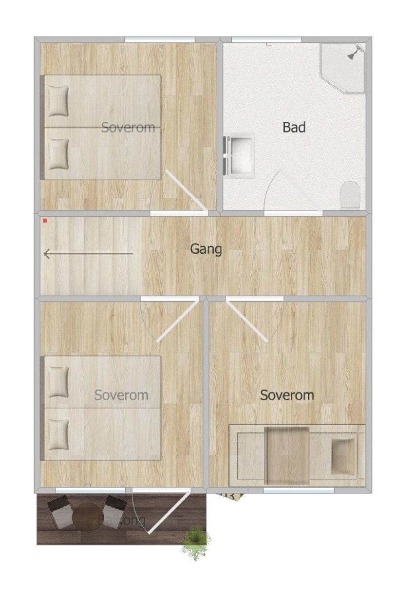 2.etg. byr på: trapperom, gang, bad/vaskerom og 3 soverom. Galleribilde